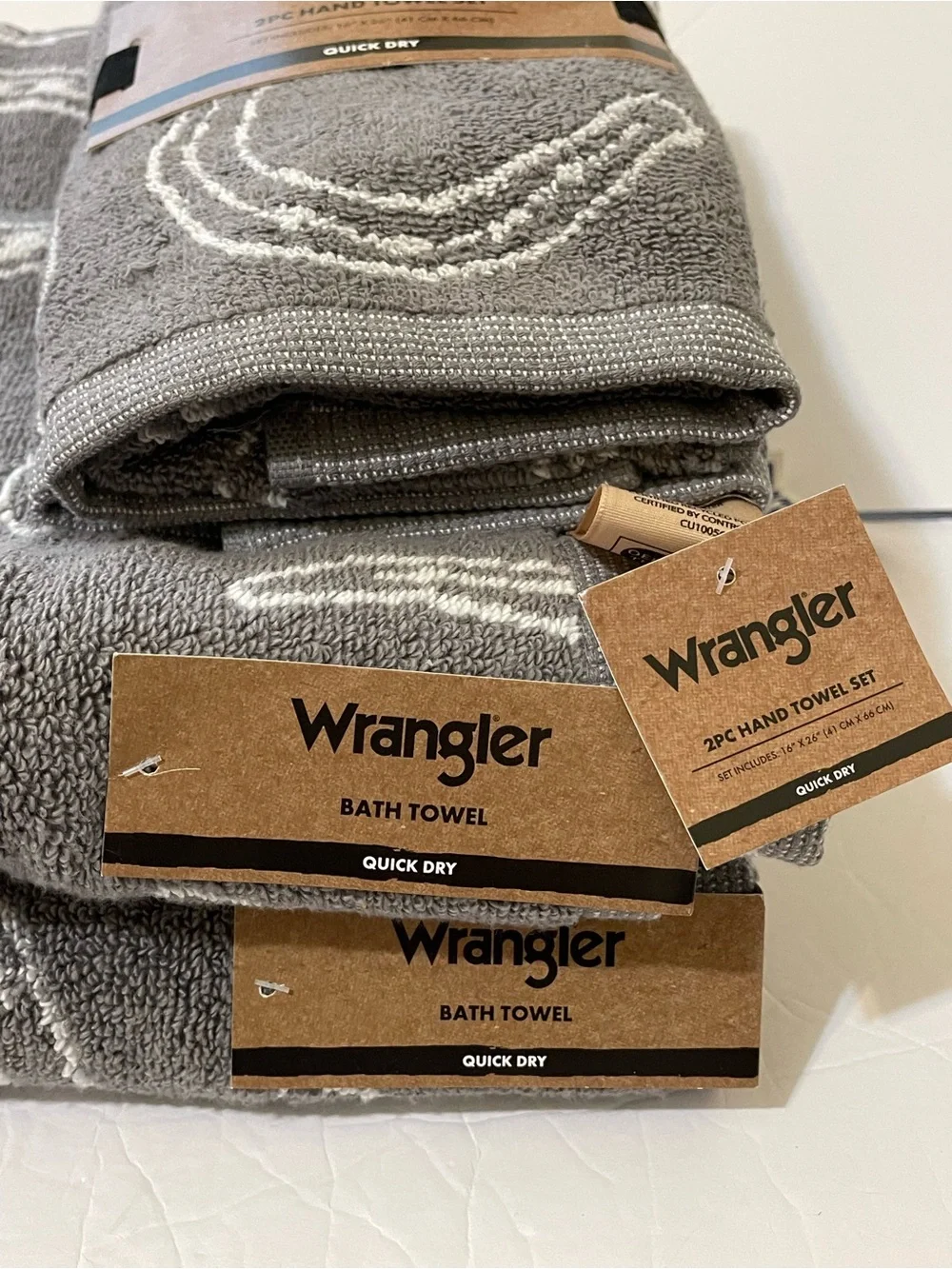 Wrangler Grey & White Horseshoe Design 2 Bath Towels & a Set of Hand Towels NWT
